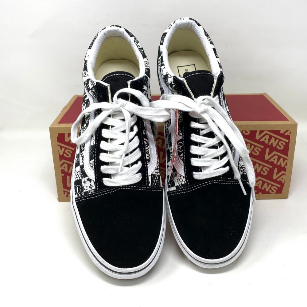 VANS Men's Size VN0A7Q2J6U6 OLD SKOOL Doodle Checkerboard Black White Sneaker - Picture 4 of 11